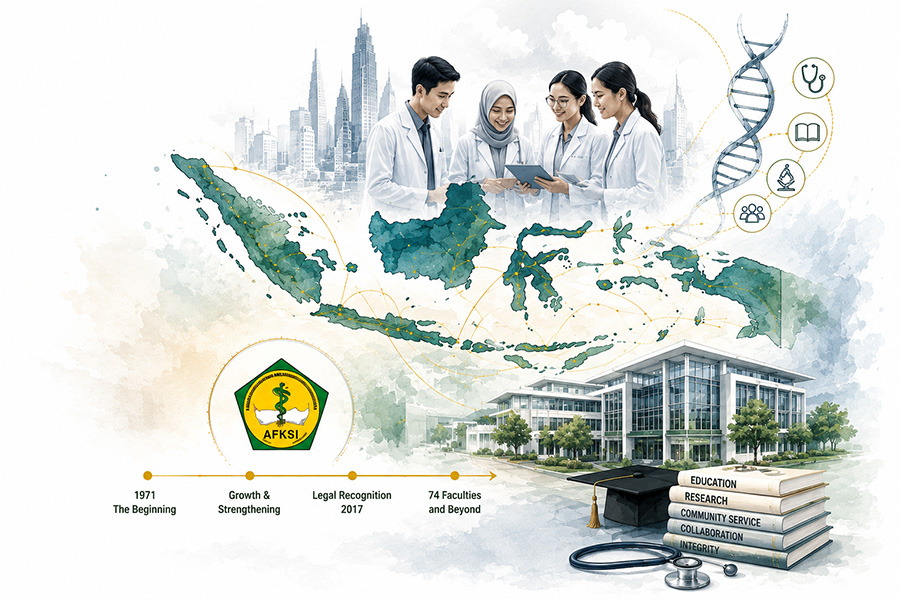 Watercolour illustration of Indonesian medical faculties, the AFKSI emblem, and an academic timeline