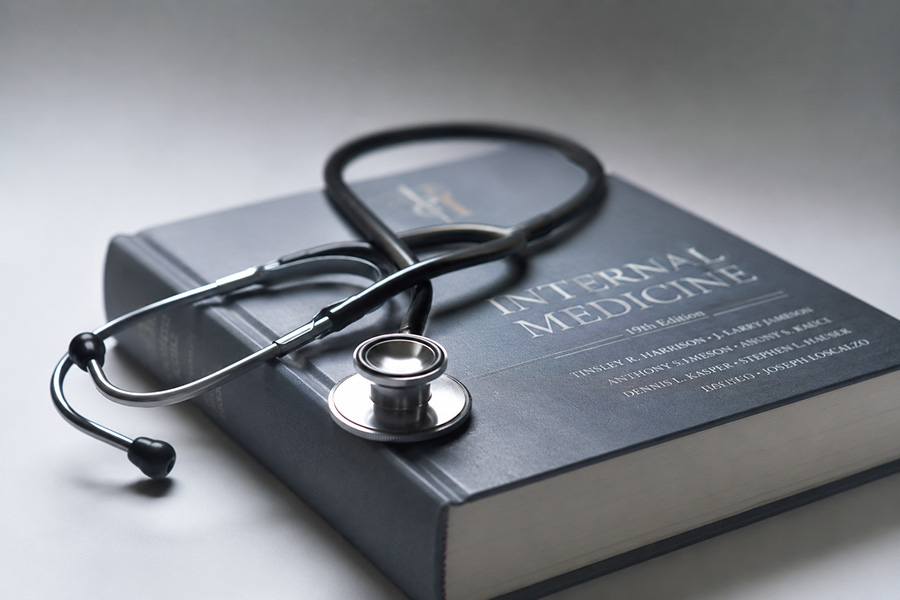 Stethoscope resting on a bound Internal Medicine reference volume